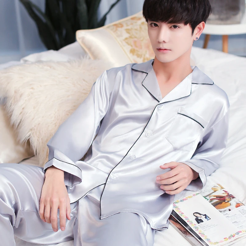 2019 Men Pajama Sets Long Sleeve Autumn Silk Sleepwear For Suit Pijama Man Summer Two-Piece Pyjama | Мужская одежда