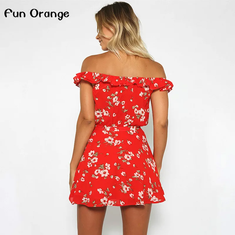 Fun Orange Из Двух частей Красный Шифон Летом Dress Женщины 2017 Vintage Партия Оборками