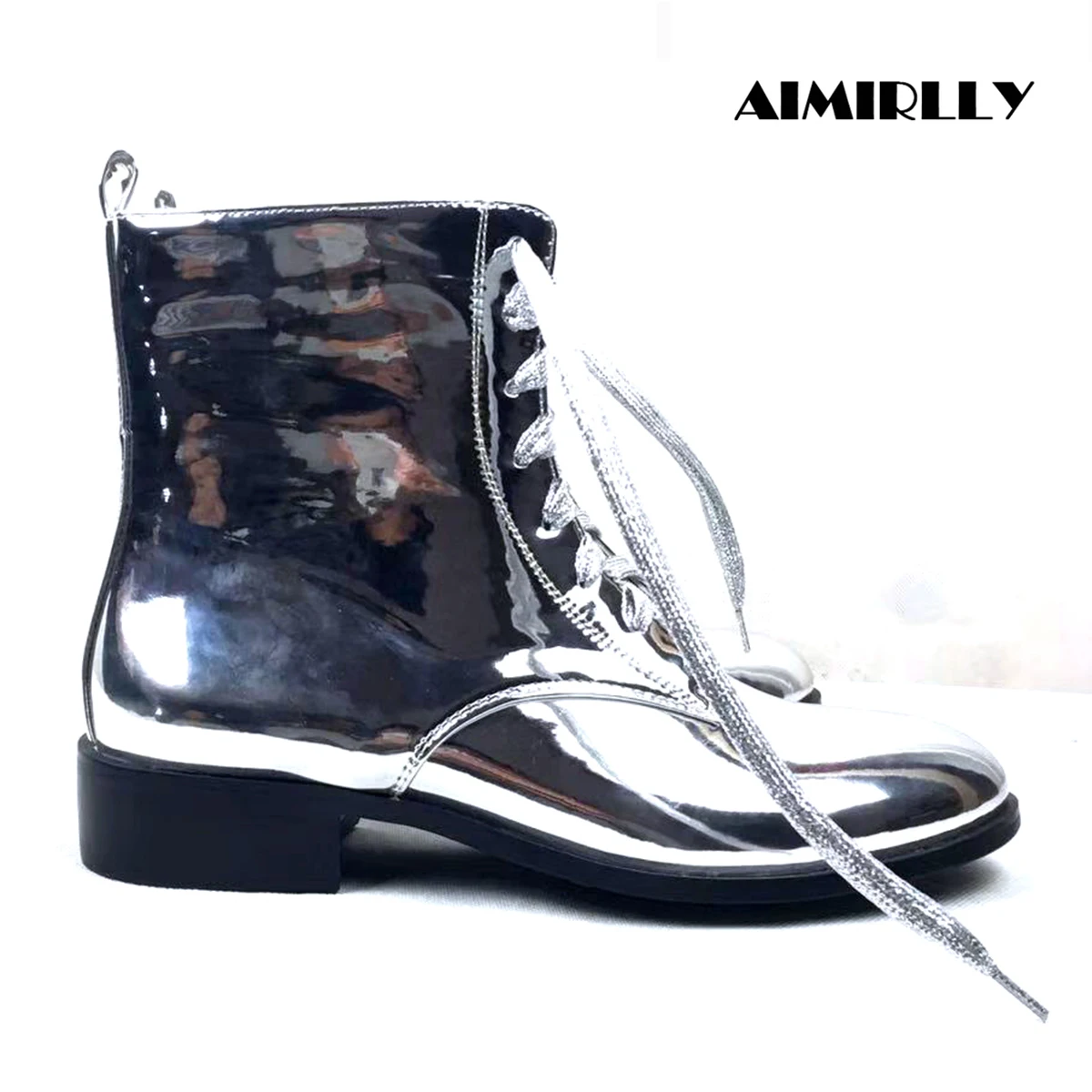 

Women's Flats Shoes Ankle Boots Metallic Silver Round Toe Spring Autumn Ladies Booties Casual Wear Lace Up Aimirlly