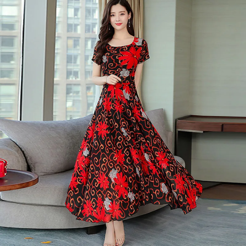 Женское платье с круглым вырезом Летние платья модное до щиколотки цветочным