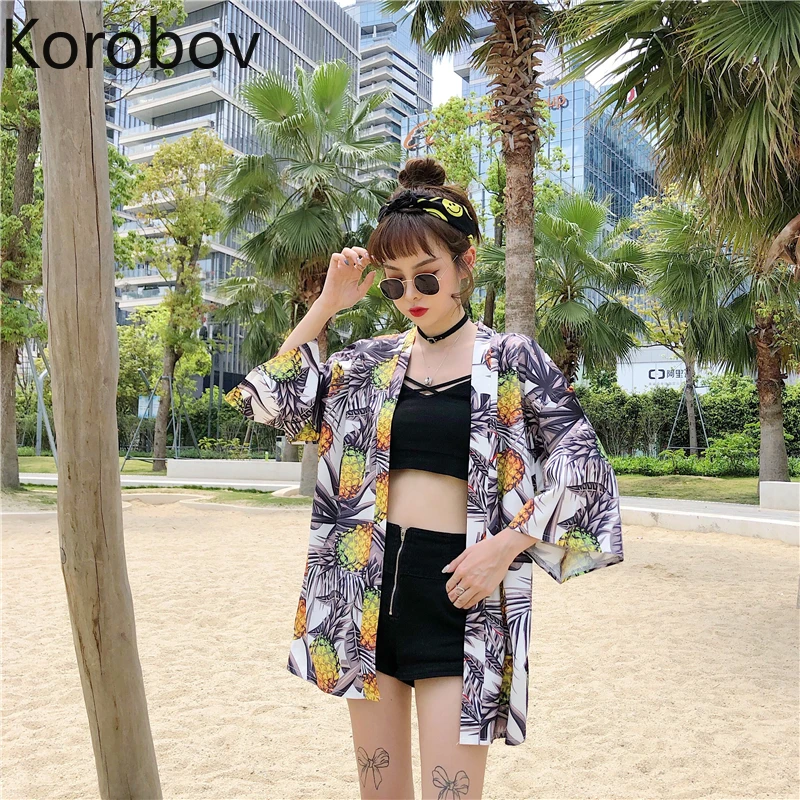 Korobov летнее солнцезащитное японское кимоно кардиган блузка Harajuku свободная с