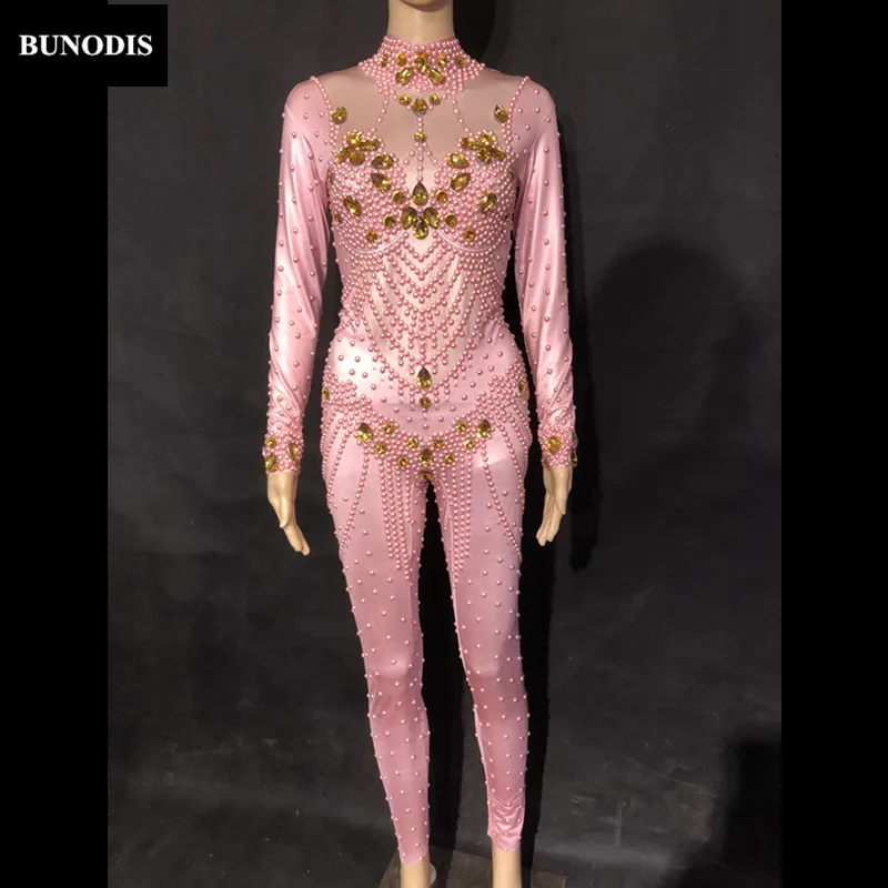 ZD225 Women Sexy Pink Color Jumpsuit Big Glass Sparkling Crystals Bodysuit Nightclub Party Stage Wear Performance Bling Costumes