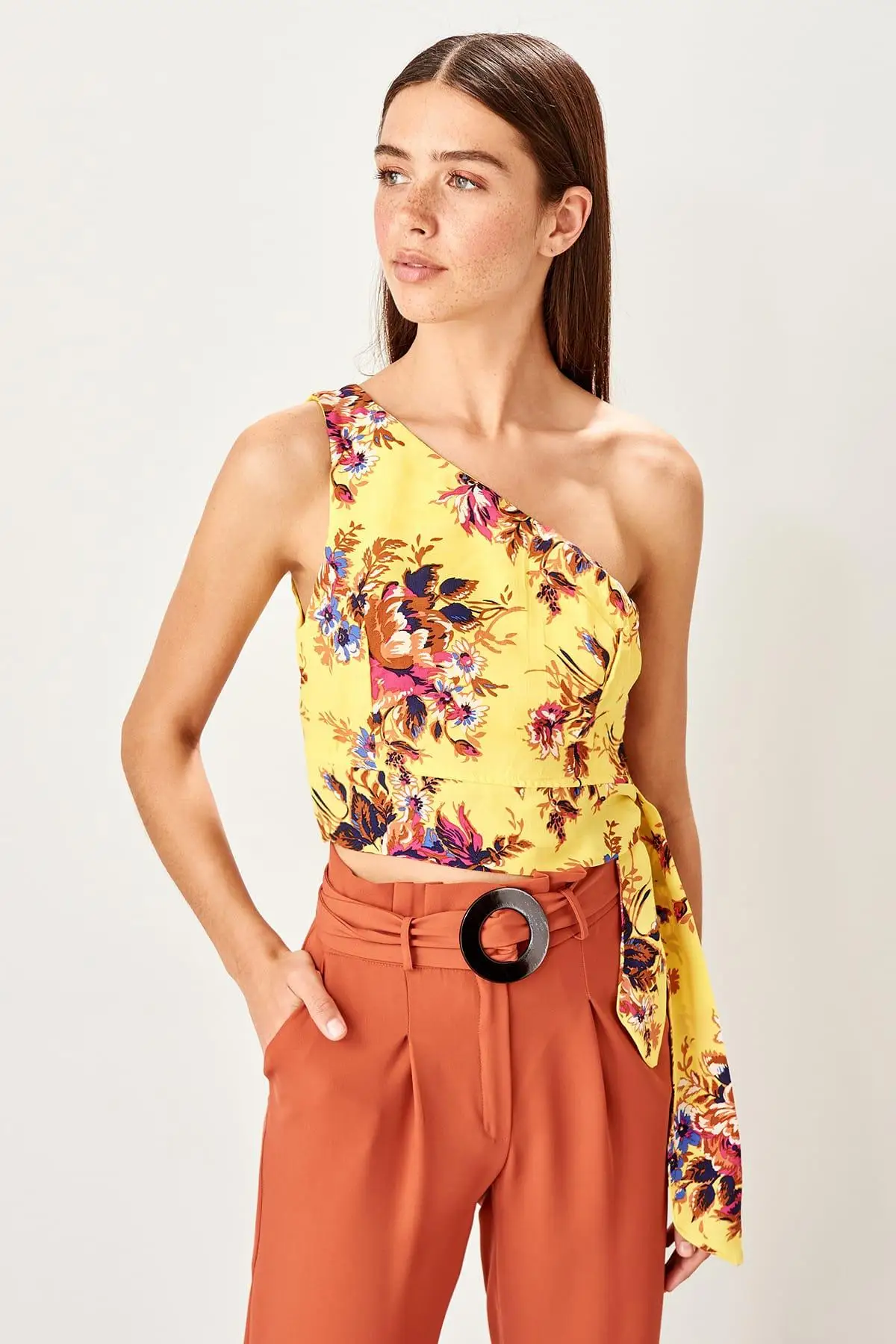 Trendyol желтый узор укороченный Топ Блузка TWOSS19AP0254 | Женская одежда
