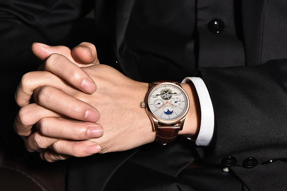 LIGE, Брендовые мужские часы, автоматические механические часы, Tourbillon, спортивные часы, кожаные, повседневные, деловые, наручные часы, золотые, Relojes Hombre