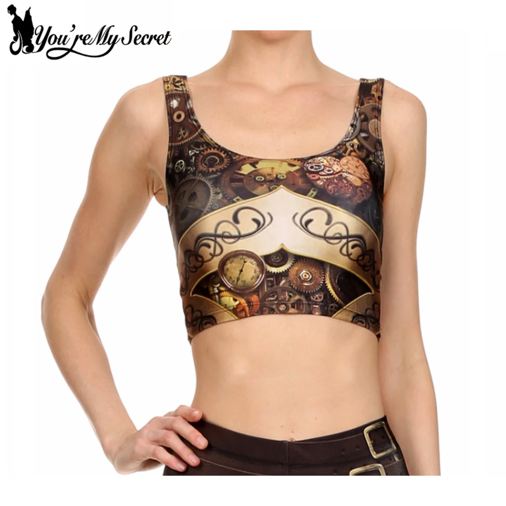 

[You're My Secret] New Steampunk 3D Digital Print Woman Cropped Crop Top Sexy Fitness Tops Sleeveless Mechanical Gear women top