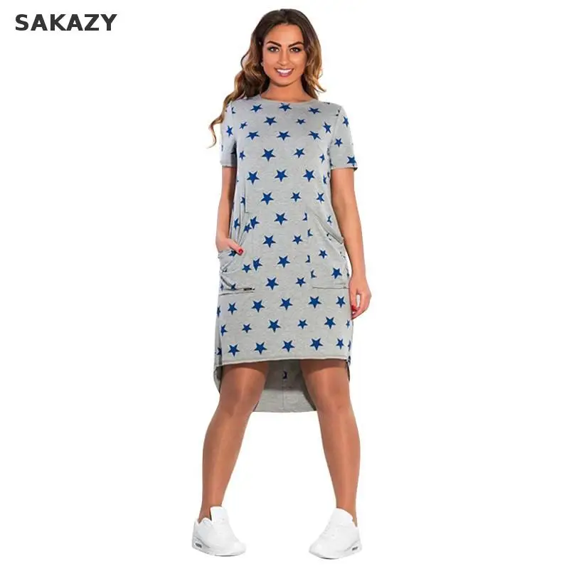 

Sakazy Women Plus Size Casual Dress Summer Fashion Loose Printed Short Sleeve O-neck Dress Vestidos Pocket Big Size M68