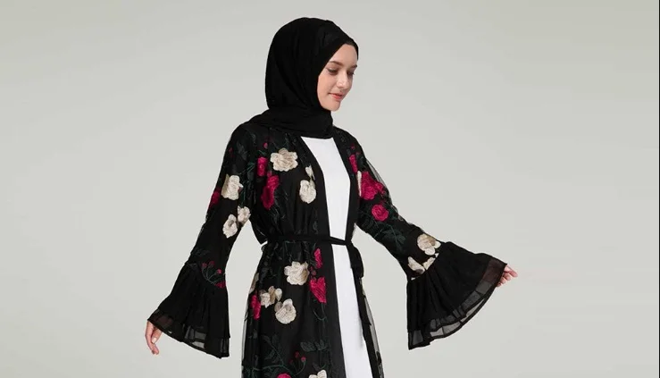 black scarf Роскошные мусульманские вышитые цветочные абайя длинные платья с расклешенными рукавами кардиган кимоно длинный халат Туника Ближний Восток Рамадан Арабский исламский - Цвет: black scarf