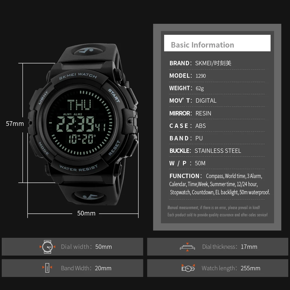 

SKMEI Brand Men Sports Watch Countdown Digital Military Compass Watches Multifunction Wristwatches Relogio Masculino 1290