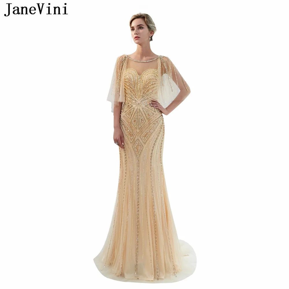 

JaneVini Luxury Scoop Neck Bridesmaid Dresses with Sequined Pearls 2018 Mermaid Long Sweep Train Backless Tulle Prom Party Gowns