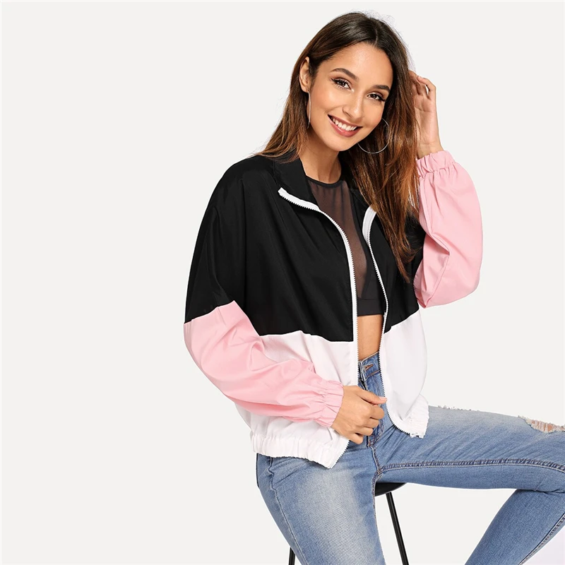 SHEIN Многоцветный эластичный подол цветной блок ветровка куртка для женщин лето осень с длинным рукавом спортивная уличная верхняя одежда пальто