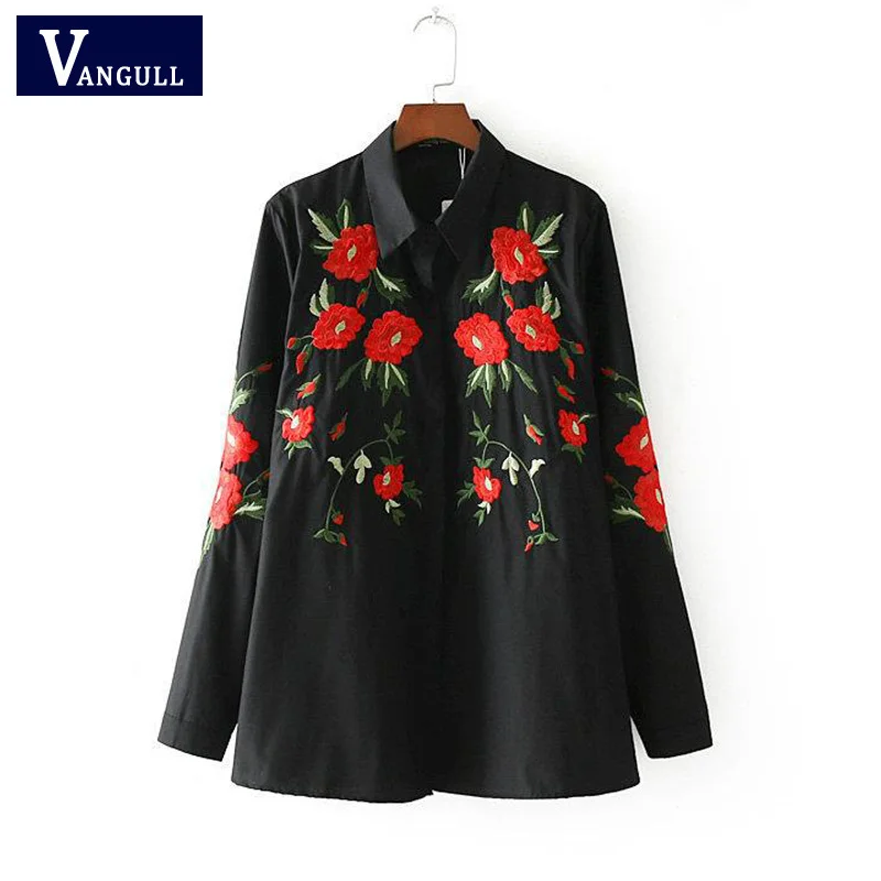 Vangull Women Black Blouses Vintage Flower Embroidery Shirts 2018 New Cotton Long Sleeve Turn Down Collar Ladies Retro Tops |