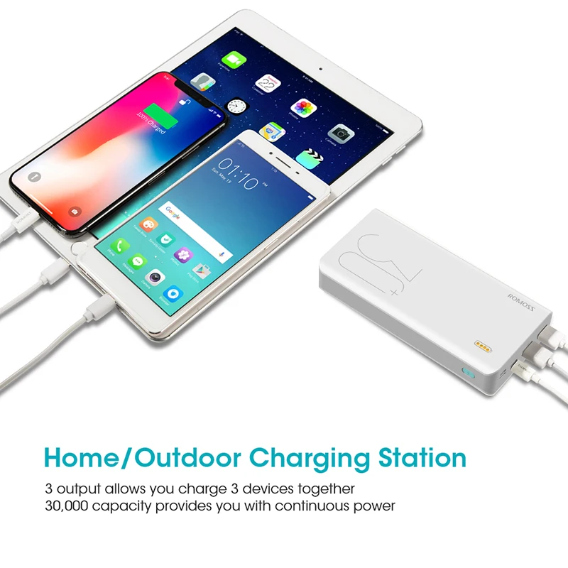 Портативное зарядное устройство ROMOSS 30000мАч USB Type A/ С/ Micro USB/ Lighting|Внешние