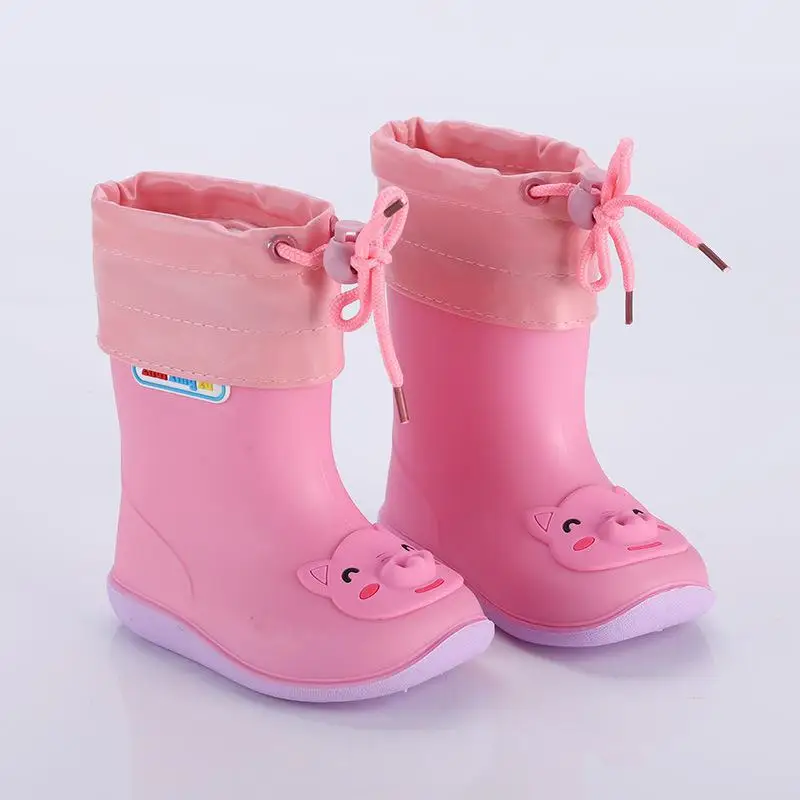 Pink PU mesh Непромокаемые сапоги; детские резиновые ботинки для девочек; Водонепроницаемая Обувь для маленьких мальчиков; нескользящие теплые резиновые сапоги для малышей - Цвет: Pink PU mesh