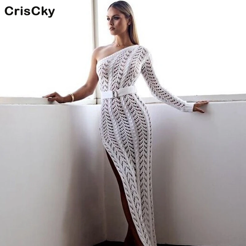 CRISCKY новинка женское летнее платье длинный рукав на одно плечо трикотажное с