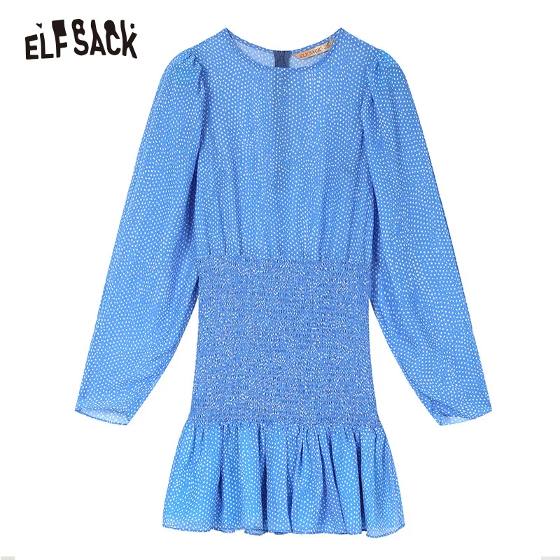 ELF SACK/Женские винтажные платья в синюю точку модные с круглым вырезом и длинным