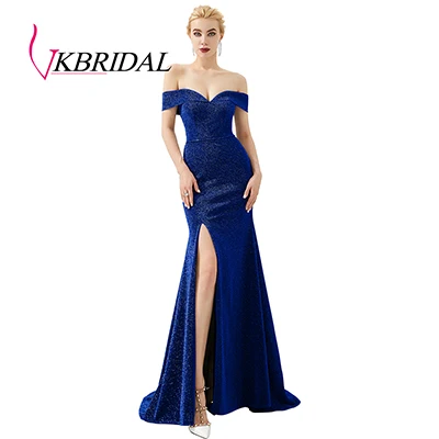 Royal Blue VKbridal сексуальное платье с открытым плечом и Высоким Разрезом Длинное Сверкающее вечернее платье Русалка платья блестящие платья подружки невесты Плюс Размер - Цвет: Royal Blue