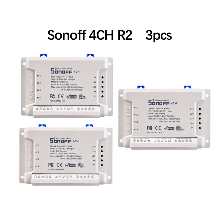 3pcs 4ch SONOFF 4CH R2 4 канальный беспроводной Wi-Fi светильник 4 комплекта пульт дистанционного управления 10A/2200 Вт поддержка Alexa Google home для умного дома - Комплект: 3pcs 4ch