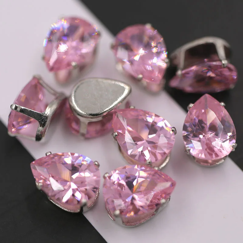 Pink 6X8 мм Серебряная основа пришивные стразы каплевидной формы Циркон Искусственный драгоценный камень с когтями DIY ювелирные аксессуары - Цвет: Pink