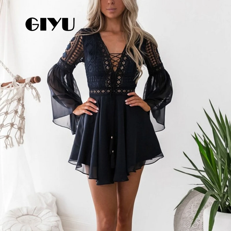 GIYU женское расклешенное платье с длинным рукавом шифоновые платья Кружевные