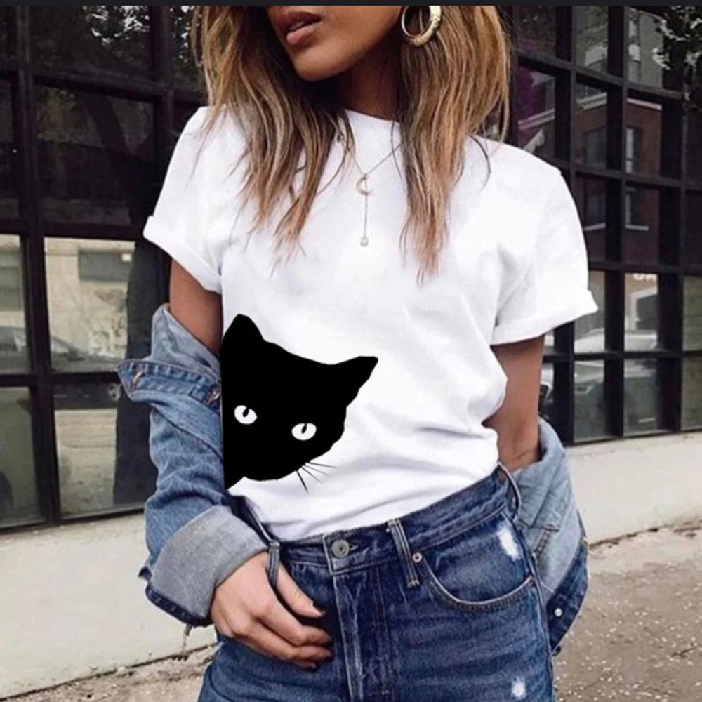 Летняя футболка с милым принтом кота Новое поступление 2019 круглым вырезом и