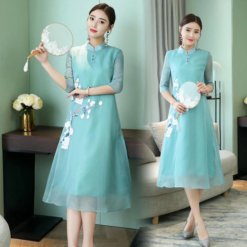 Винтажное платье в китайском стиле Cheongsam Vestidos с воротником-стойкой и пуговицами