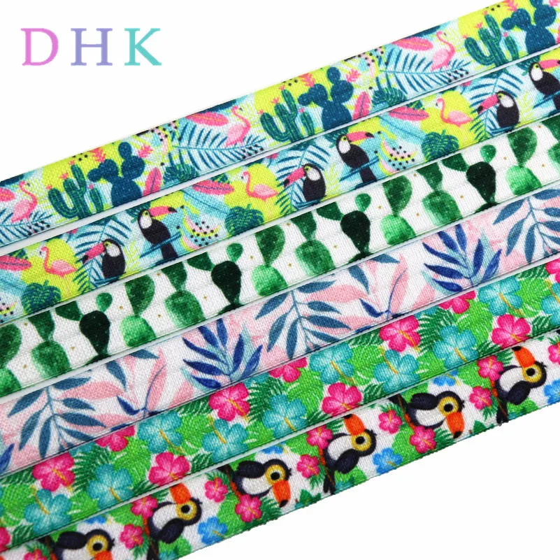 

DHK 5/8'' 50yards tropical cactus bird printed Fold Elastic FOE stretch ribbon hairbow headwear headband DIY Wholesale S890