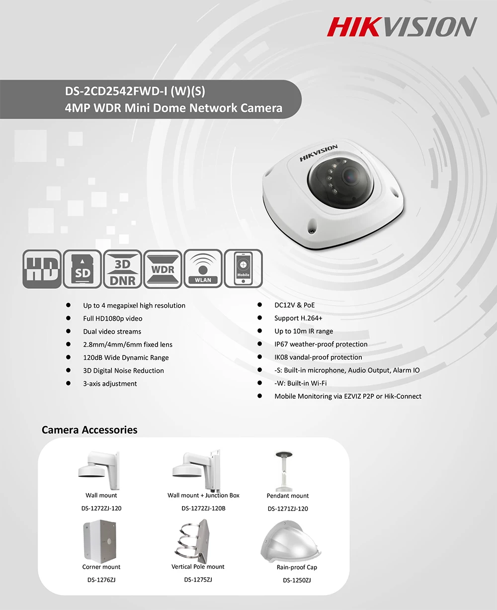 HIKVISION CCTV IP камера DS-2CD2542FWD-IS 4 МП Мини купольная камера Встроенный слот для sd-карты Внутренняя/наружная PoE ip-камера
