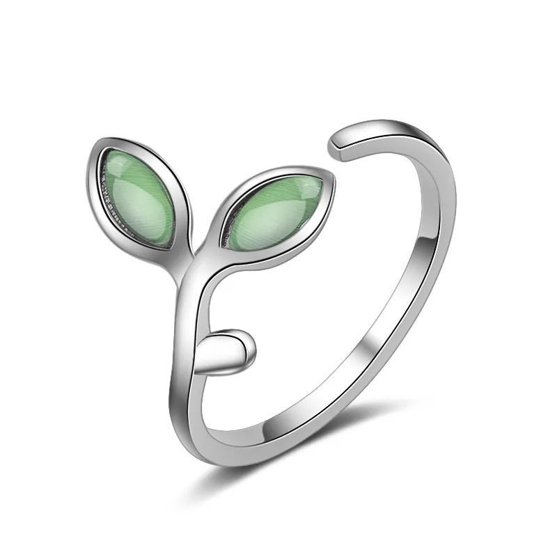 

New arrival fashion green opal leaf 925 sterling silver ladies finger rings jewelry for women girls party ring open no fade