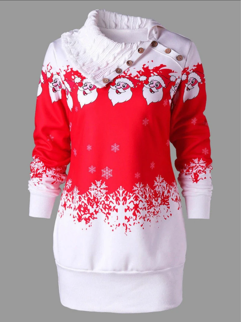 CANIS New Hot Fashion Ladies Women Christmas Autumn Winter Long Sleeve Xmas Pattern High Collar Mini Skirts Warm Clothes