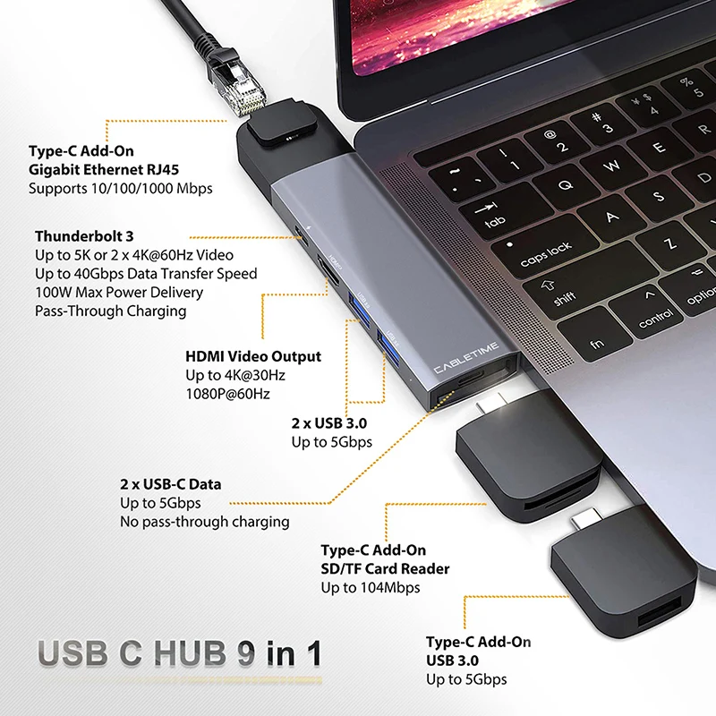 Cabletime Dual Type C HUB USB 4K HDMI Lan Thunderbolt 3 SD USB3.0 + зарядное устройство PD 9 в 1 адаптер для MacBook Pro