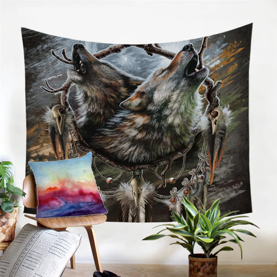 A Song for the Moons Reflection by SunimaArt Tapestry Wall Hanging Howling Wolves Sheet Wolf Dreamcatcher Bedspreads Home Decor | Дом и сад