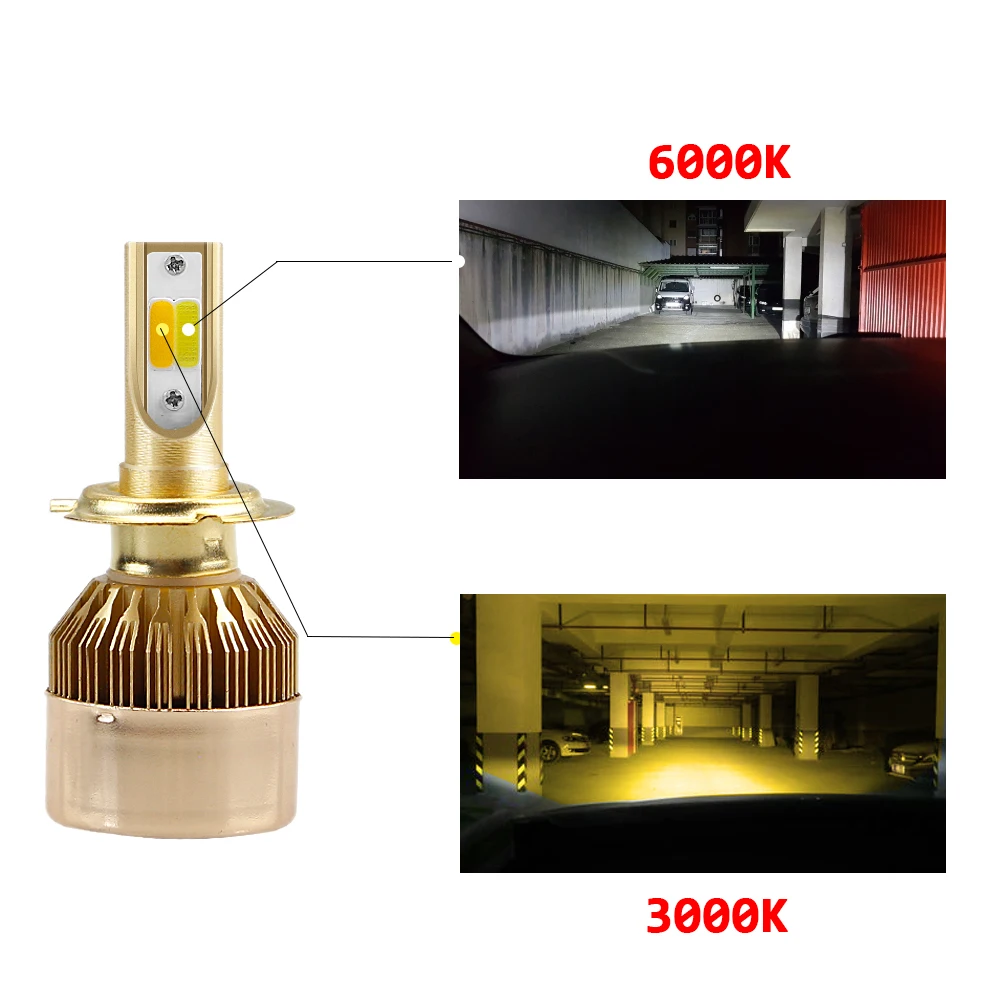 Автомобильная фара 12 В двухцветная H7 светодиодный H4 H11 9005 9006 H1 H8 H9 880 881 HB2 HB3 HB4 COB 3000K