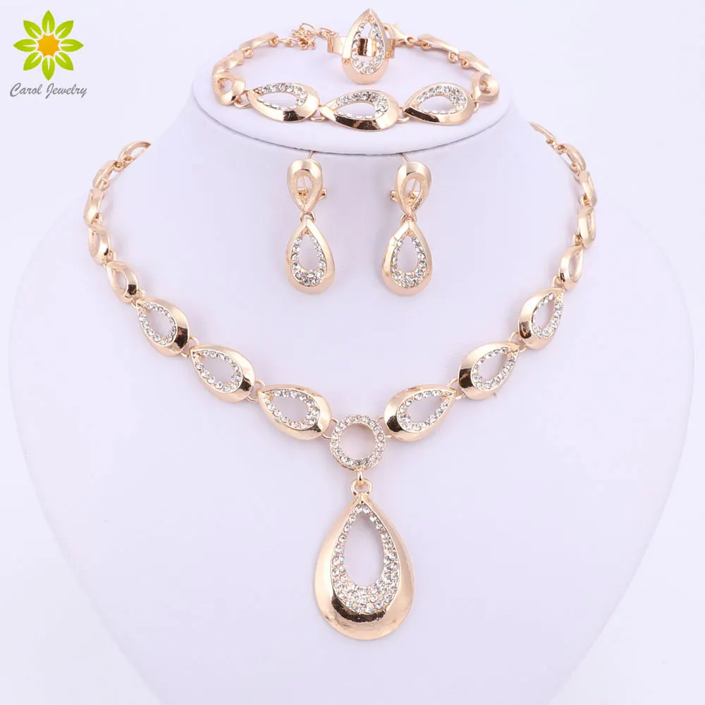 Женские Ювелирные наборы с кристаллами колье браслеты кольца золотого цвета