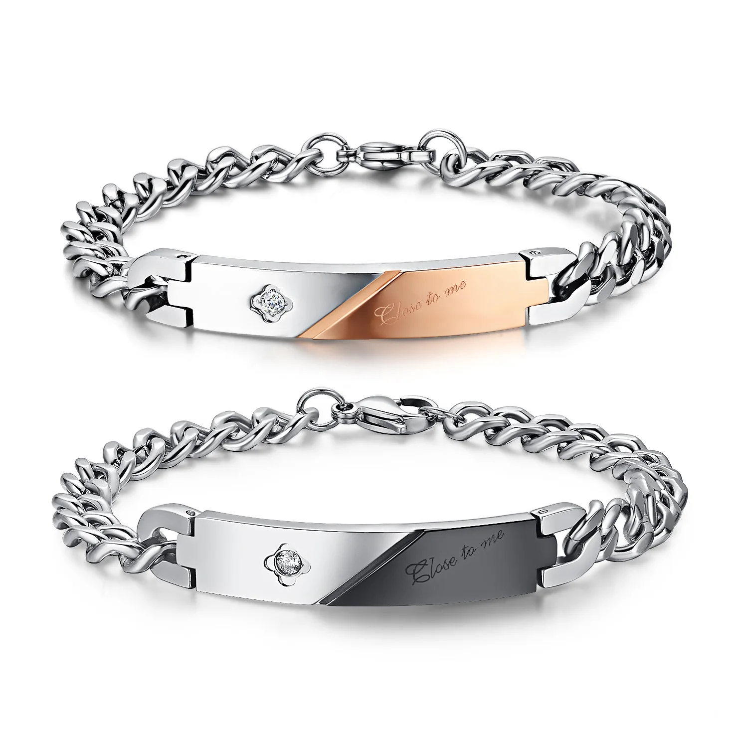 316L Stainless Steel Couple Bracelets For Men And Women Wholesale Love's Rose Gold&ampBlack Bracelet With Shiny CZ Stone 1 PCS |