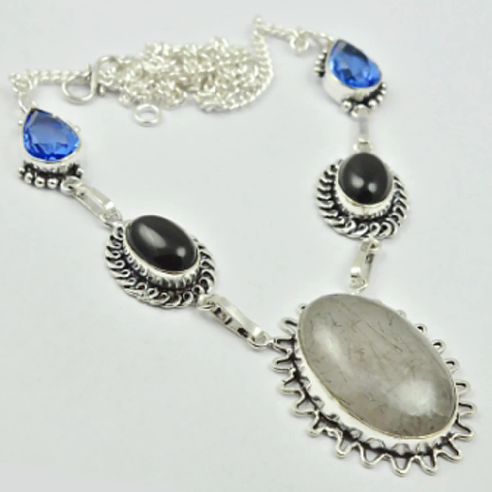 

Black Rutiles & Black Onyx Necklace Silver Overlay over Copper, 51cm , N2723
