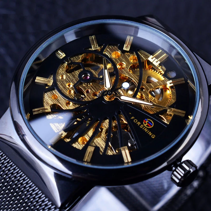 

Mechanical Luxury Watch Men Brand Relogio Masculino Stainless Steel Mesh Belt Business Uhren Skeleton Watch