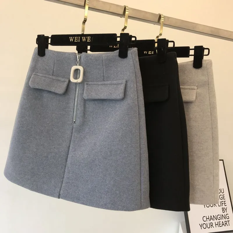 

2018 New Women Mini Skirts Autumn Winter High Waist Thicken Woolen Skirt Female Solid A Line Skirts All Match Short Skirt AB1221