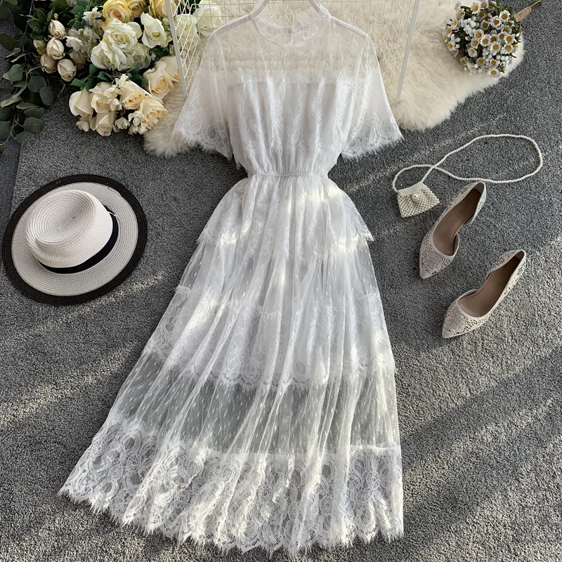 Пляжное платье белое элегантное женское эластичная тонкая талия весеннее