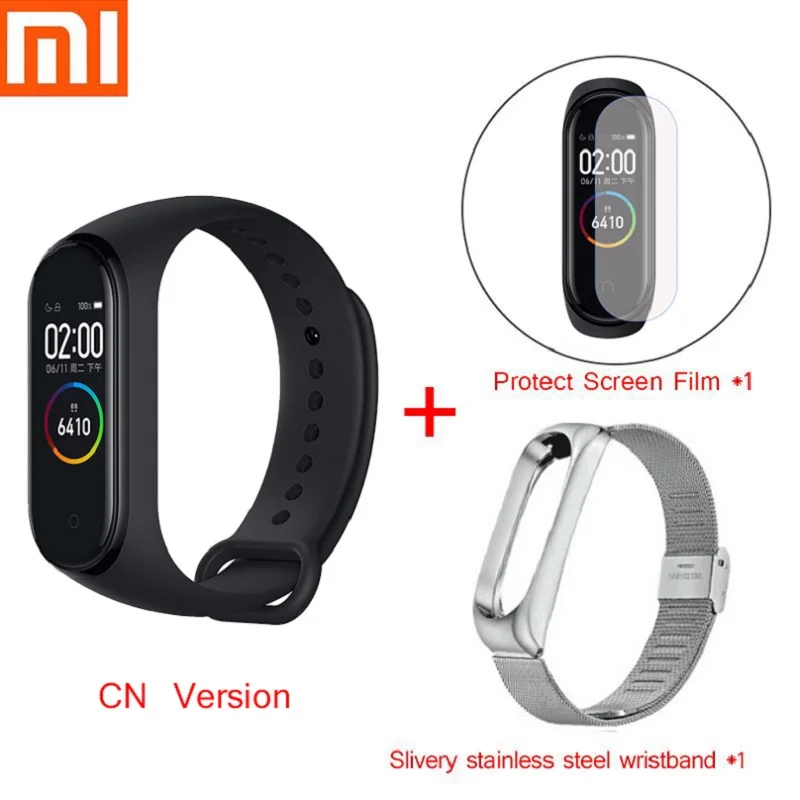 CN Film Silver Steel Xiaomi mi-браслет 4 плавания 5 АТМ шагомер спортивный смарт-браслет 0,9" цветной AMOLED экран mi Band 3 Bluetooth 5,0 smartband - Цвет: CN Film Silver Steel