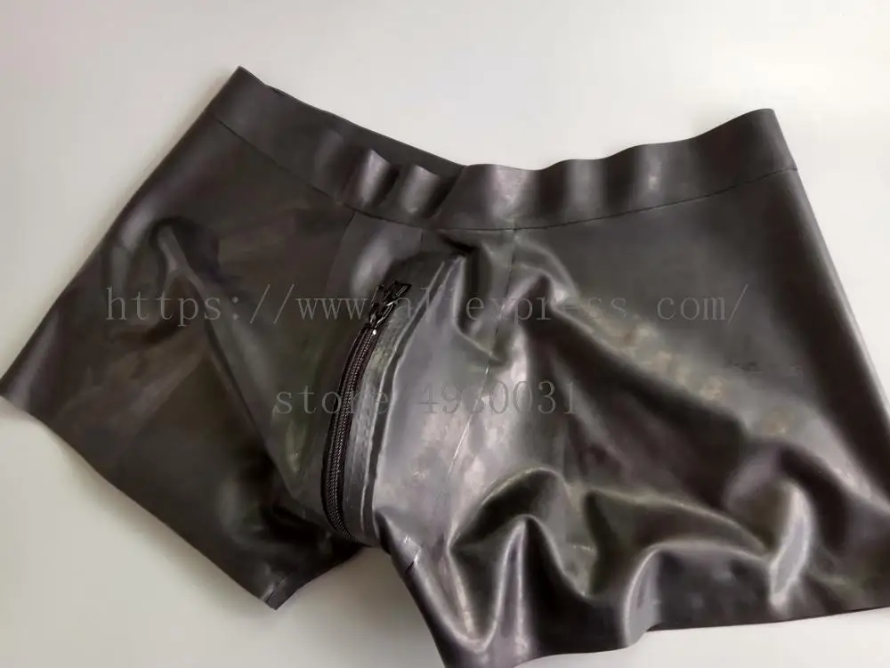 Crotch zipper design latex shorts men bottom in solid black color |