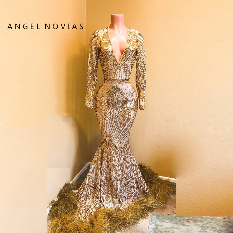 Женское длинное вечернее платье Angel Novias золотистое платье-Русалка с длинными