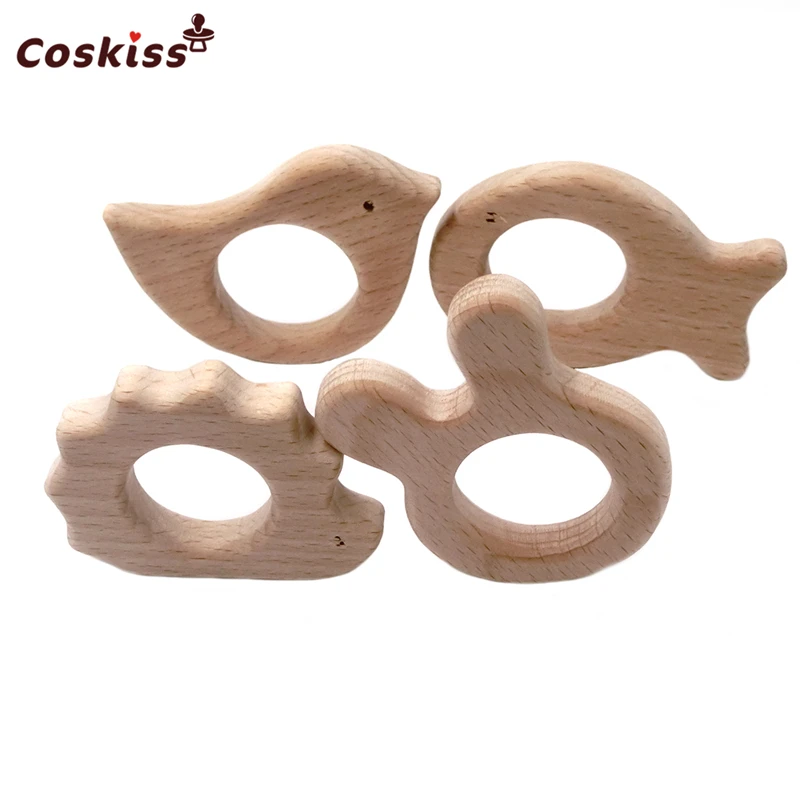 DIY Baby Teether Toys Organic Natural Beech Wooden Fish-Bird-Hedgehog-Rabbit Hand Cut Grasping Toys Baby Wooden Teether Gift