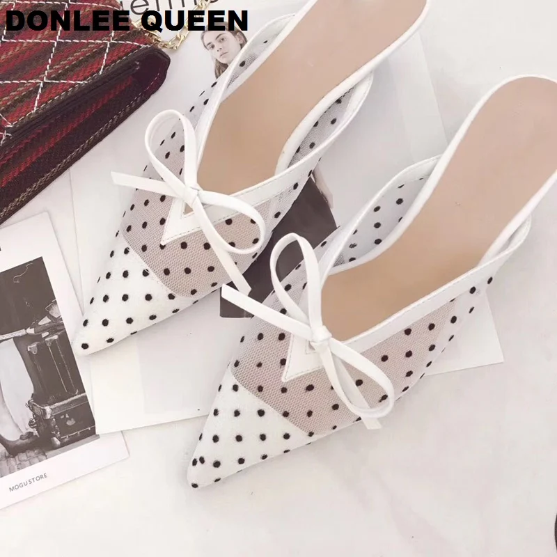 Женские туфли без задника DONLEE QUEEN модельные шлепанцы в горошек на каблуке рюмочка
