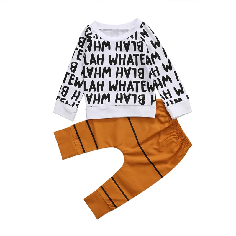 Newborn Infant Baby Boy Clothes 2Pcs Tracksuit Long Sleeve Letter T-shirt Tops Striped Yellow Pants Outfits Set Summer 1-6T | Детская