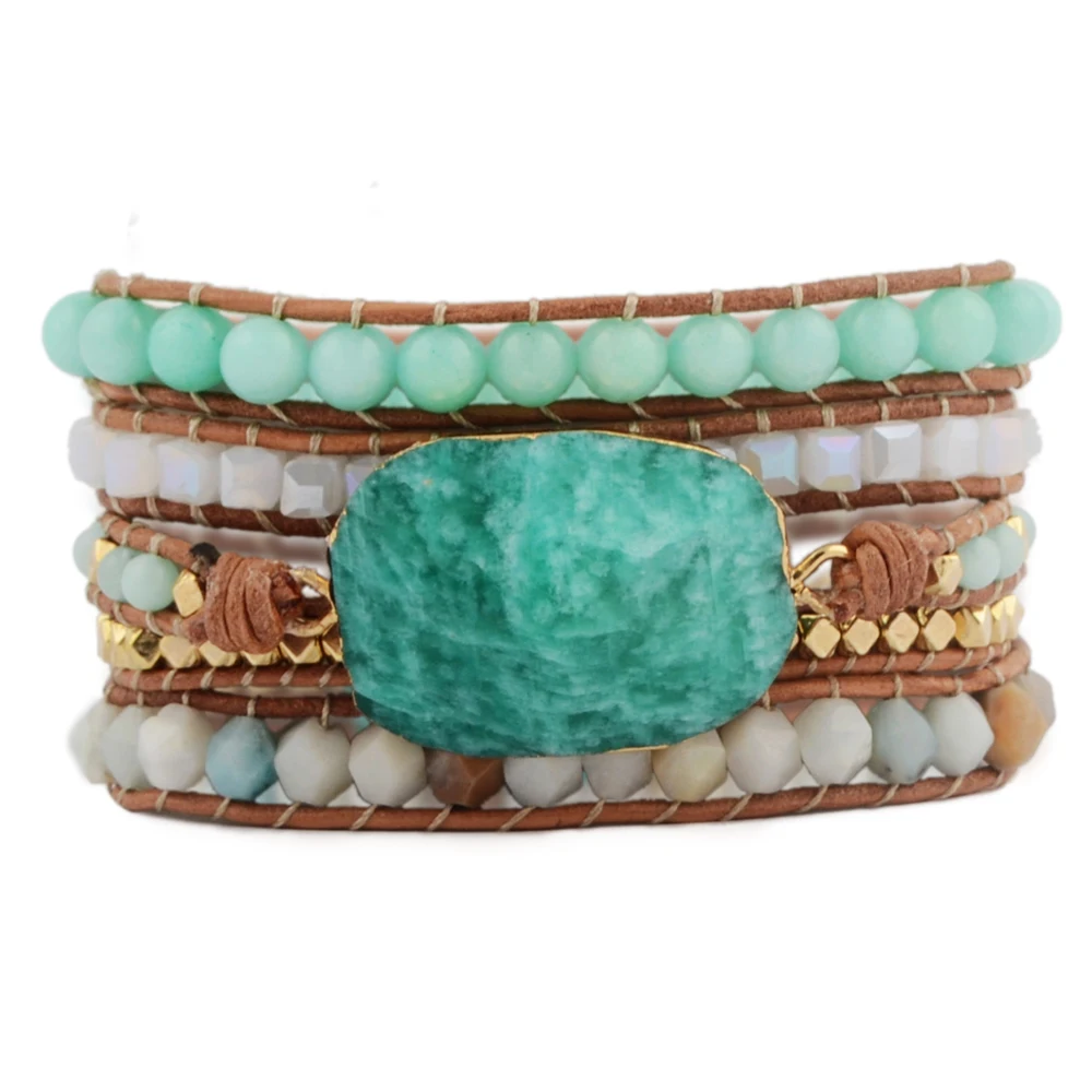 

Exquisite Womens Wrap Bracelet Amazonite Crystal 5X Leather Strap Bracelets Statement Punk Bracelet Long Friendship Dropshipping