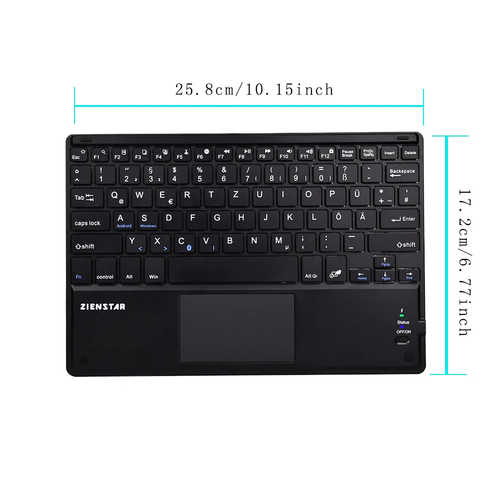 Беспроводная Bluetooth клавиатура Zienstar 10 дюймов с тачпадом для ПК/Samsung Tab/ Microsoft/ Android