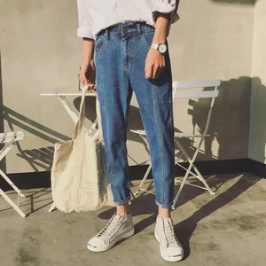 Джинсы-султанки мужские прямые повседневные, Модные узкие брюки из денима, эластичный пояс, длинные штаны, брюки-карандаш, синие, 3433