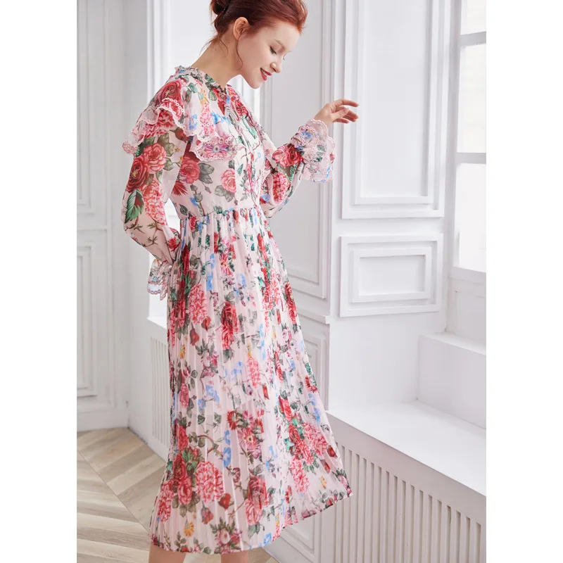 Розовый цветочный принт миди плиссированные платья женские Vestidos с длинным