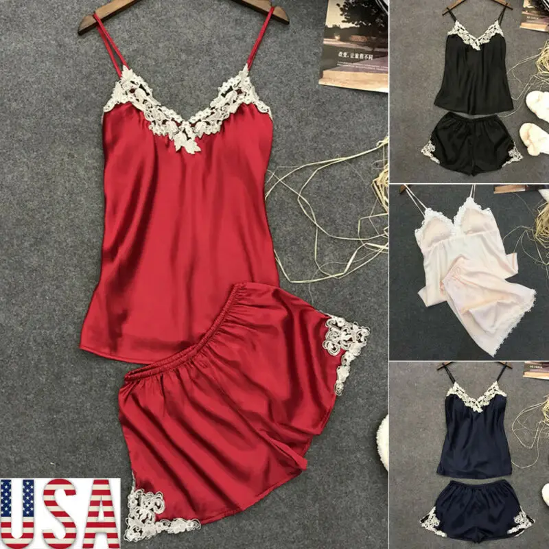 Ladies Sexy Silk Satin Pajama Set Lace Pyjama Sleeveless Pijama V-neck Sleepwear Summer Home Wear Sleep For Women | Женская одежда