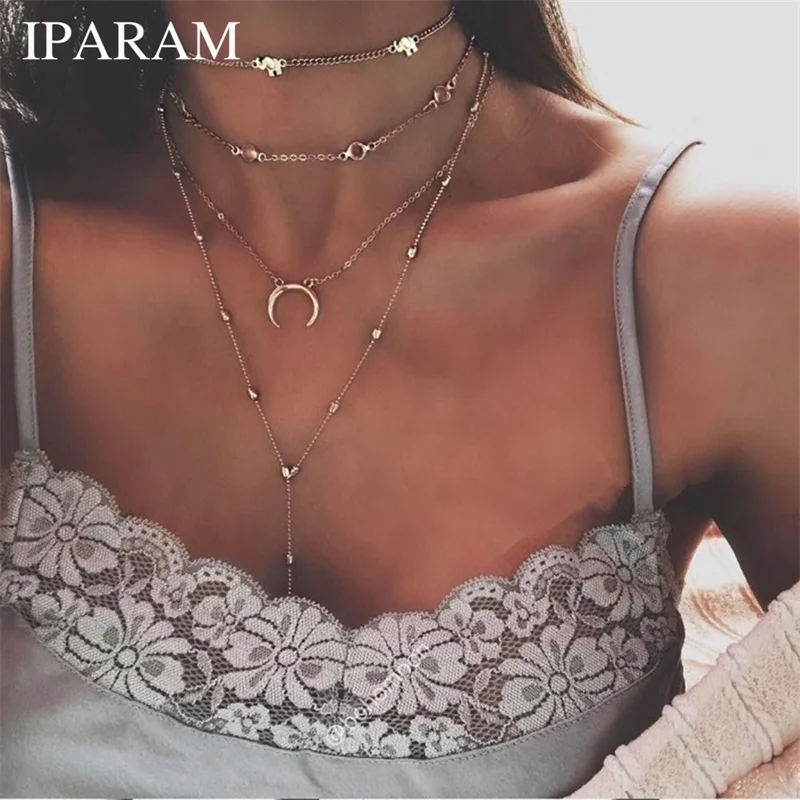 IPARAM Bohemia многослойное колье-цепь и подвески для женщин панк слон Лунная ракушка ожерелье модный воротник ювелирные изделия - Окраска металла: N718-1